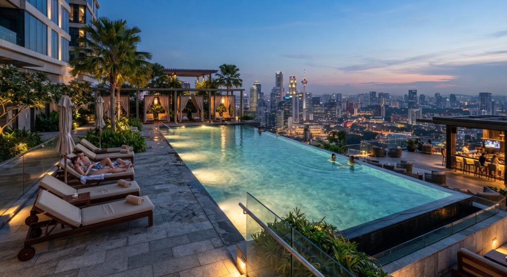 Infinity-edge swimming pool on a podium deck