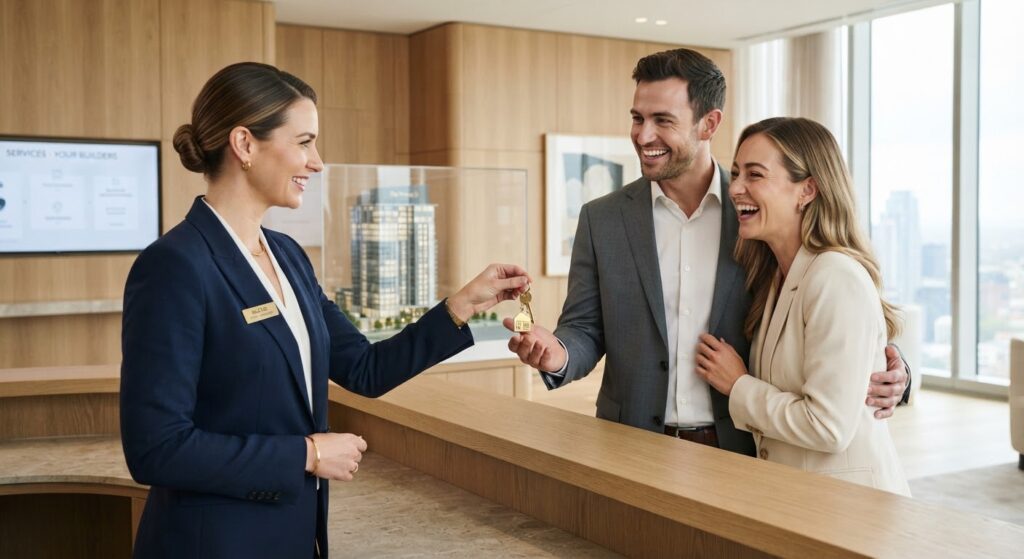 Property consultant handing over keys to homebuyers