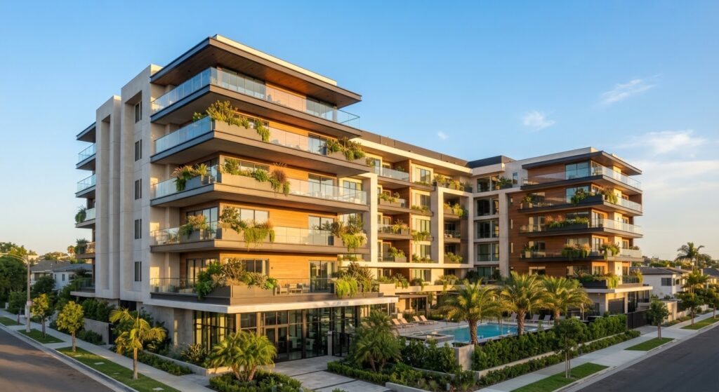 Residential apartment complex in warm afternoon light