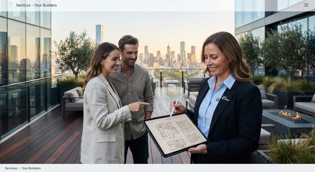 Guided site walkthrough on a penthouse terrace